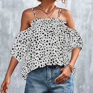 White dot skinny strap off shoulder ruffle neck top